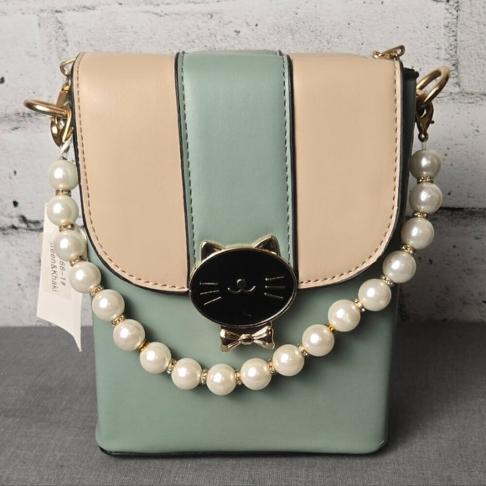 Chic Cat Design Green and Cream Crossbody / Handbag
